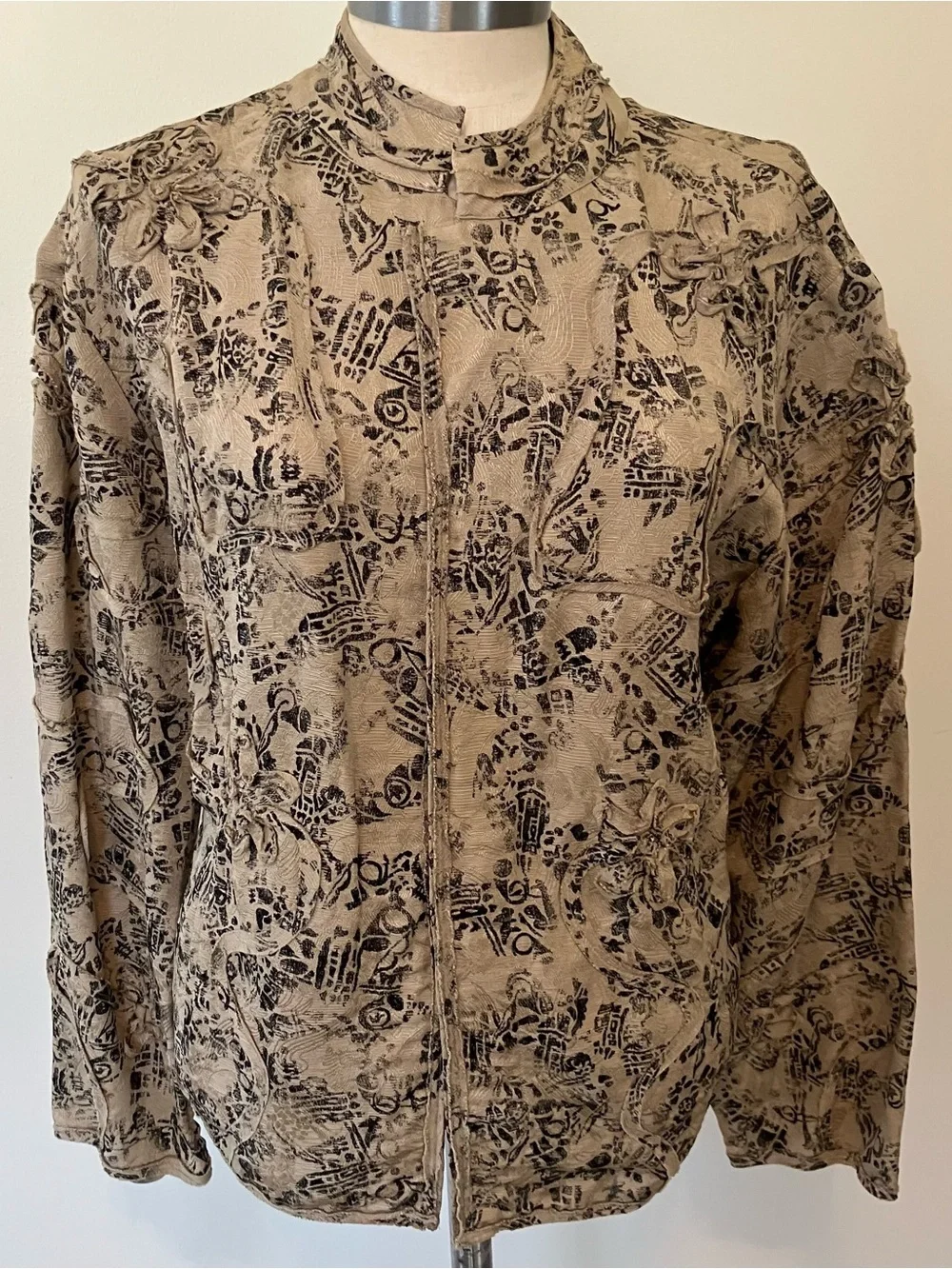 Chicos Women’s L Tan Silk Linen 3D Floral Open Blazer Jacket Neutral Artsy
